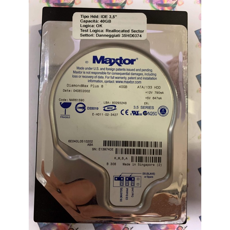Hard Disk Usato Semifunzionante IDE 3,5" 40GB MAXTOR 6E040L0510202 NAR61590 04 DEC 2002