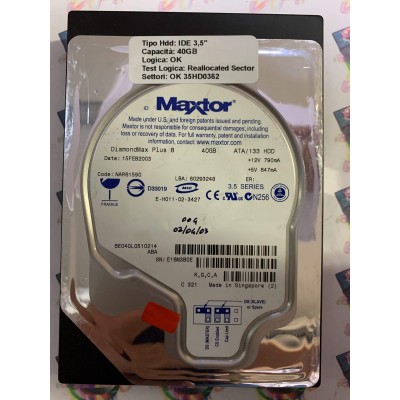 Hard Disk Usato Semifunzionante IDE 3,5" 40gb MAXTOR 6E040L0510214 NAR61590 15 FEB 2003