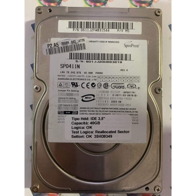 Hard Disk Usato Semifunzionante IDE 3,5" 40gb SAMSUNG SP0411N 0611J2FW831544 2003.08