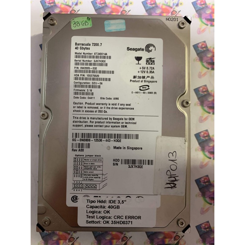 Hard Disk Usato Semifunzionante IDE 3,5" 40GB SEAGATE ST340014A 9W2005-032 DZU-06 3.16 04411 AMK