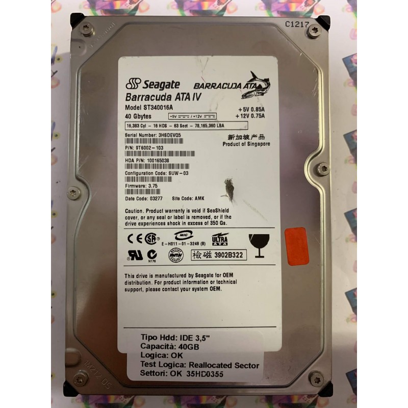 Hard Disk Usato Semifunzionante IDE 3,5" 40gb SEAGATE ST340016A 9T6002-103 SUW-03 3.75 03277 AMK