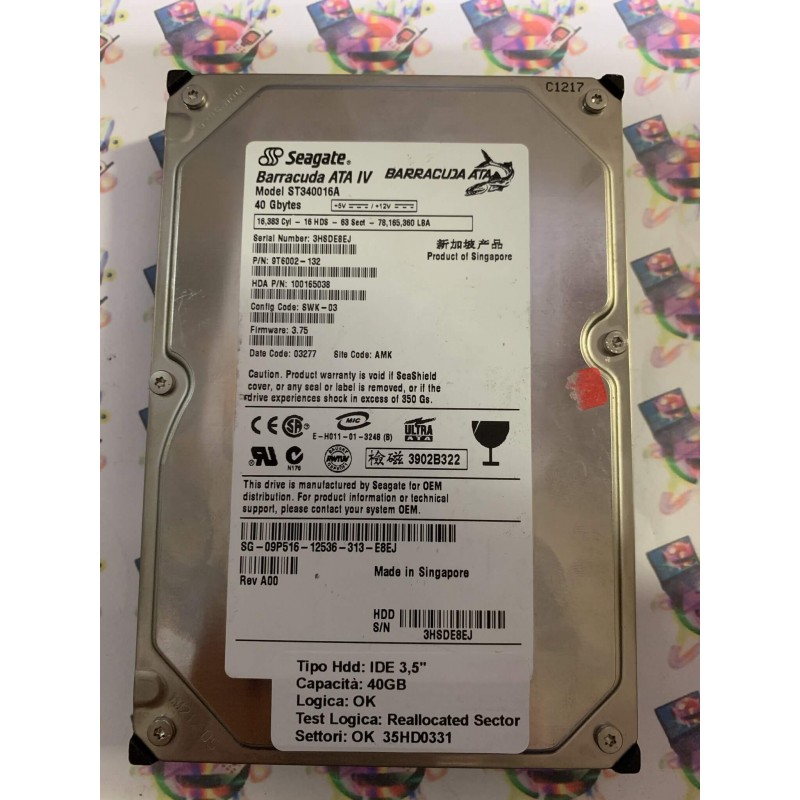 Hard Disk Usato Semifunzionante IDE 3,5" 40gb SEAGATE ST340016A 9T6002-132 SWK-03 3.75 03277 AMK