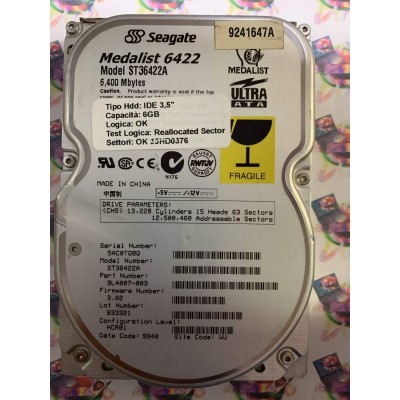 Hard Disk Usato Semifunzionante IDE 3,5" 6GB SEAGATE ST36422A 9L4007-003 3.02 HCR01 9940 WU