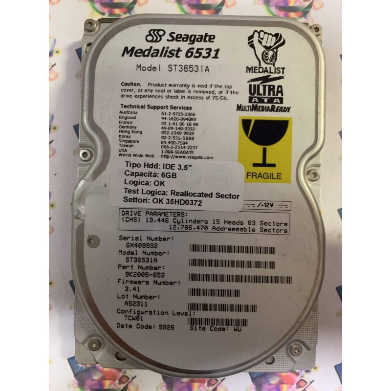 Hard Disk Usato Semifunzionante IDE 3,5" 6GB SEAGATE ST36531A 9K2005-653 3.41 A52311 TCW01 9926 WU