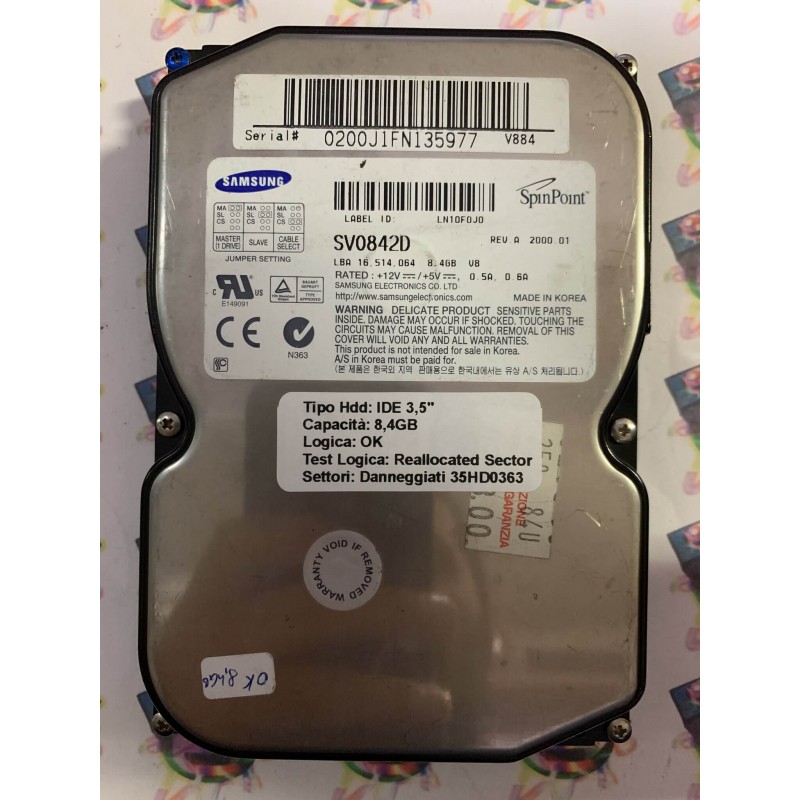 Hard Disk Usato Semifunzionante IDE 3,5" 8.4gb SAMSUNG SV0842D LN10F0J0 2000.01