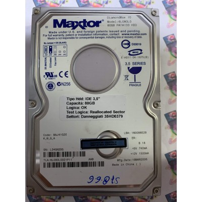 Hard Disk Usato Semifunzionante IDE 3,5" 80GB MAXTOR 6L080L0021P11 BAJ41G20 18 MAR 2006