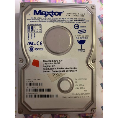 Hard Disk Usato Semifunzionante IDE 3,5" 80gb MAXTOR 6Y080L0 6Y080L0422011 YAR41BW0 30 AUG 2003