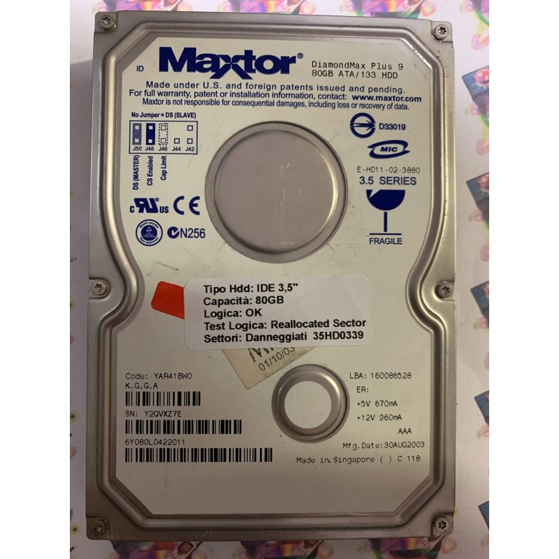 Hard Disk Usato Semifunzionante IDE 3,5" 80gb MAXTOR 6Y080L0 6Y080L0422011 YAR41BW0 30 AUG 2003