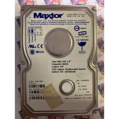 Hard Disk Usato Semifunzionante IDE 3,5" 80gb MAXTOR 6Y080L0 6Y080L0422611 YAR41BW0 14 DEC 2004