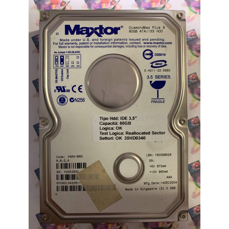 Hard Disk Usato Semifunzionante IDE 3,5" 80gb MAXTOR 6Y080L0 6Y080L0422611 YAR41BW0 14 DEC 2004