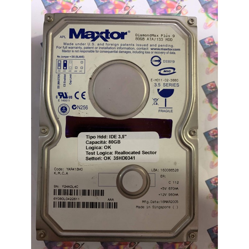 Hard Disk Usato Semifunzionante IDE 3,5" 80gb MAXTOR 6Y080L0 6Y080L0422611 YAR41BW0 16 MAR 2005