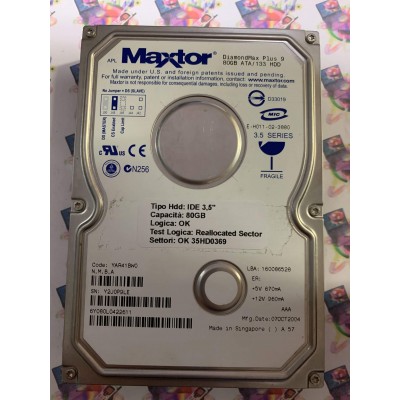 Hard Disk Usato Semifunzionante IDE 3,5" 80GB MAXTOR 6Y080L0422611 YAR41BW0 07 OCT 2004