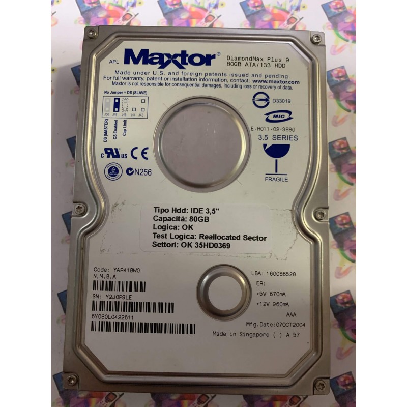 Hard Disk Usato Semifunzionante IDE 3,5" 80GB MAXTOR 6Y080L0422611 YAR41BW0 07 OCT 2004