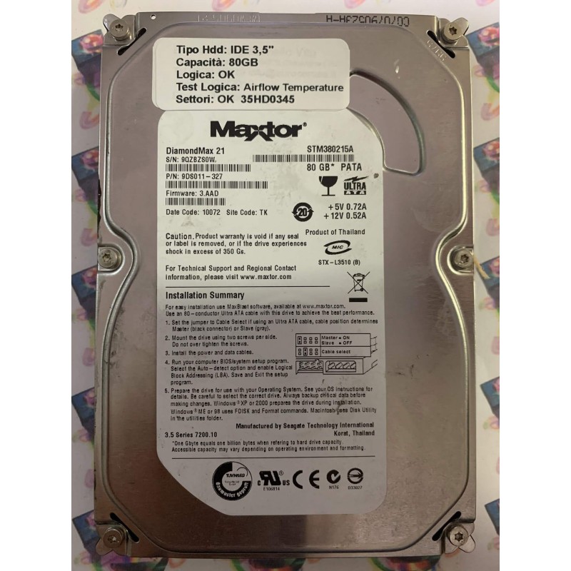 Hard Disk Usato Semifunzionante IDE 3,5" 80gb MAXTOR STM380215A 9DS011-327 3.AAD 10072 TK