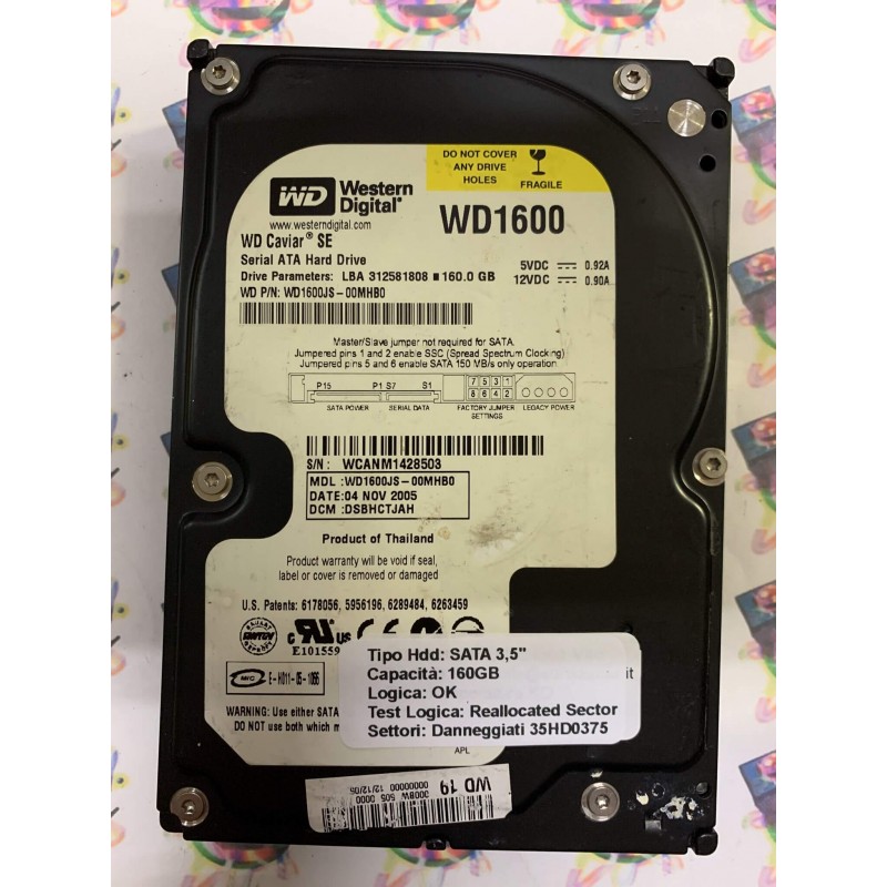 Hard Disk Usato Semifunzionante SATA 3,5" 160gb WESTERN DIGITAL WD1600-00MHB0 DSBHCTJAH 04 NOV 2005