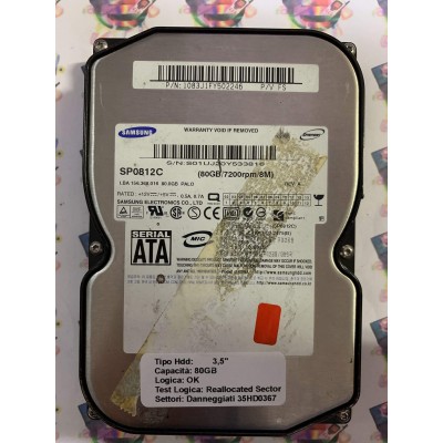Hard Disk Usato Semifunzionante SATA 3,5" 80gb SAMSUNG SP0812C 1083J1FY502246 2005.05