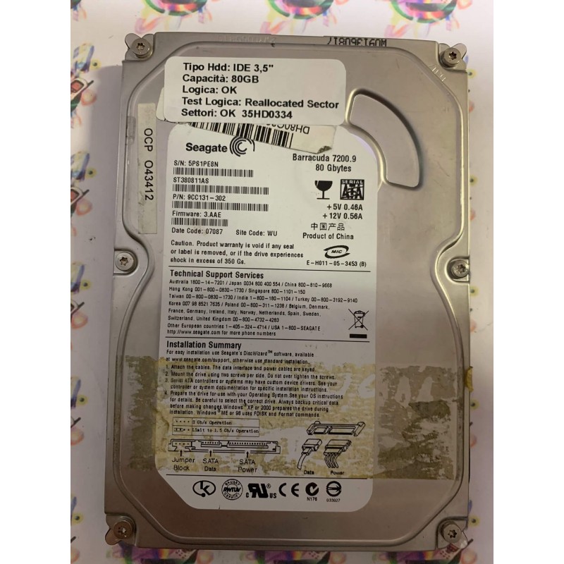 Hard Disk Usato Semifunzionante SATA 3,5" 80gb SEAGATE ST380811AS 9CC131-302 3.AAE 07087 WU