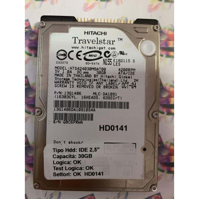 Hard Hard Disk Usato Funzionante 100% Ok IDE 2,5" 30GB HITACHI HTS424030M9AT00 13G1486 DA1091 OCT-04
