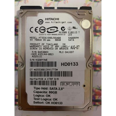 Hard Hard Disk Usato Funzionante 100% Ok SATA 2,5" 80GB HITACHI HTS541680J9SA00 0A53003 DA1697 AUG-07