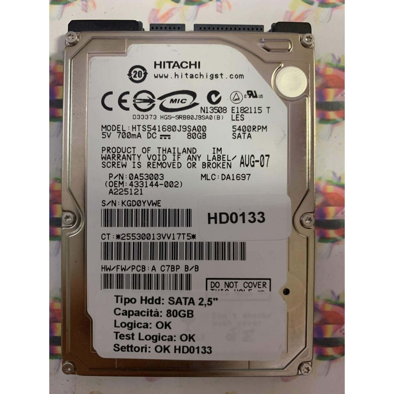 Hard Hard Disk Usato Funzionante 100% Ok SATA 2,5" 80GB HITACHI HTS541680J9SA00 0A53003 DA1697 AUG-07