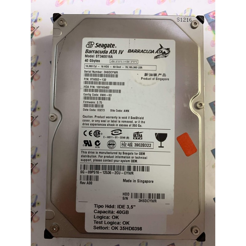Hard Disk Usato Funzionante 100% Ok IDE 3,5" 40GB SEAGATE ST340016A 9T6002-132 SWK-03 3.75 03273 AMK