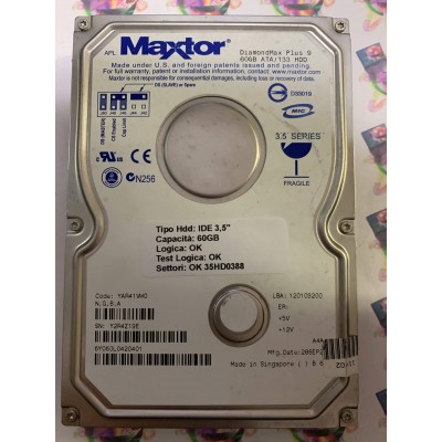 Hard Disk Usato Funzionante 100% Ok IDE 3,5" 60GB MAXTOR 6Y060L0 6Y060L0420401 YAR41VW0 28 SEP 2002