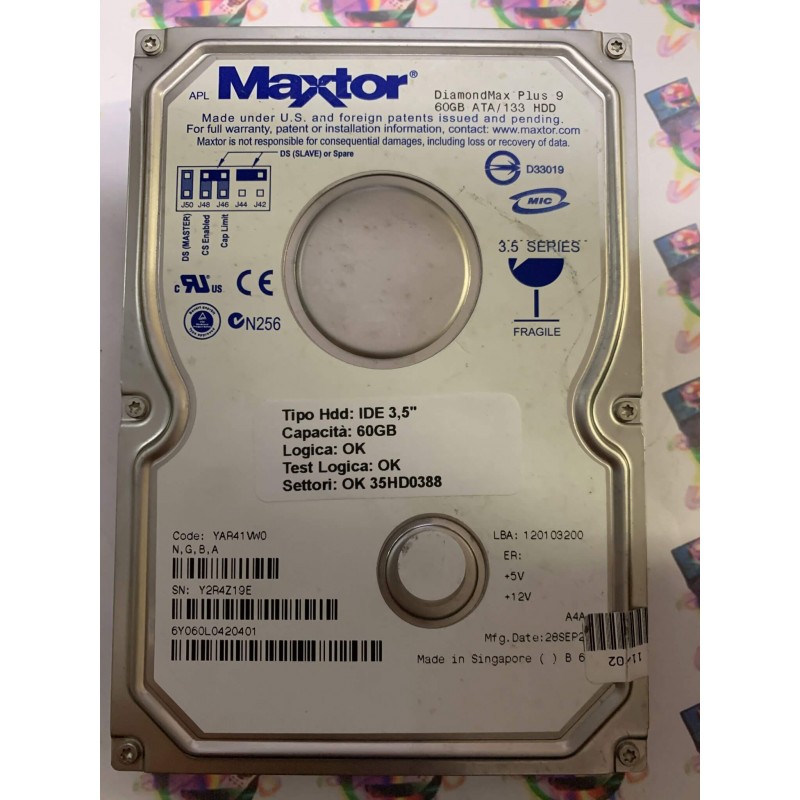 Hard Disk Usato Funzionante 100% Ok IDE 3,5" 60GB MAXTOR 6Y060L0 6Y060L0420401 YAR41VW0 28 SEP 2002