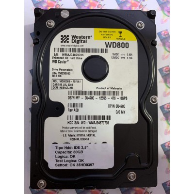 Hard Disk Usato Funzionante 100% Ok IDE 3,5" 80GB WESTERN DIGITAL WD800BB-75FJA1 HSBACTJAH 06 JUL 2004