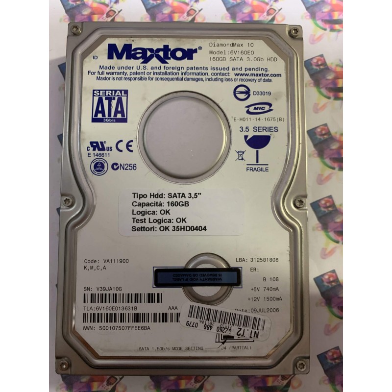 Hard Disk Usato Funzionante 100% Ok SATA 3,5" 160GB MAXTOR 6V160E0 6V160E013631B 312581808 VA111900 09JUL2006