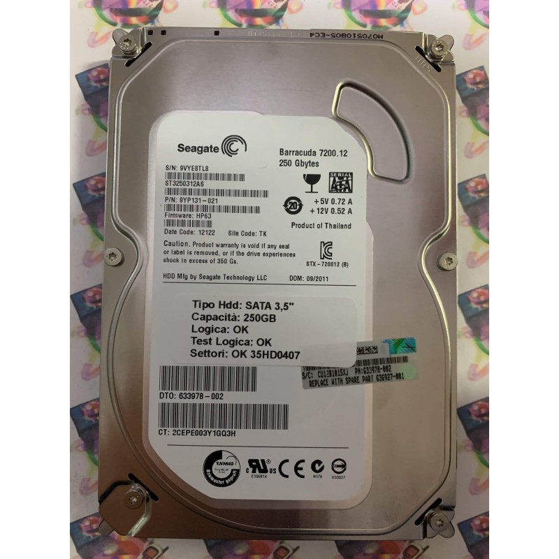 Hard Disk Usato Funzionante 100% Ok SATA 3,5" 250GB SEAGATE ST3250312AS 9YP131-021 HP63 12122 TK