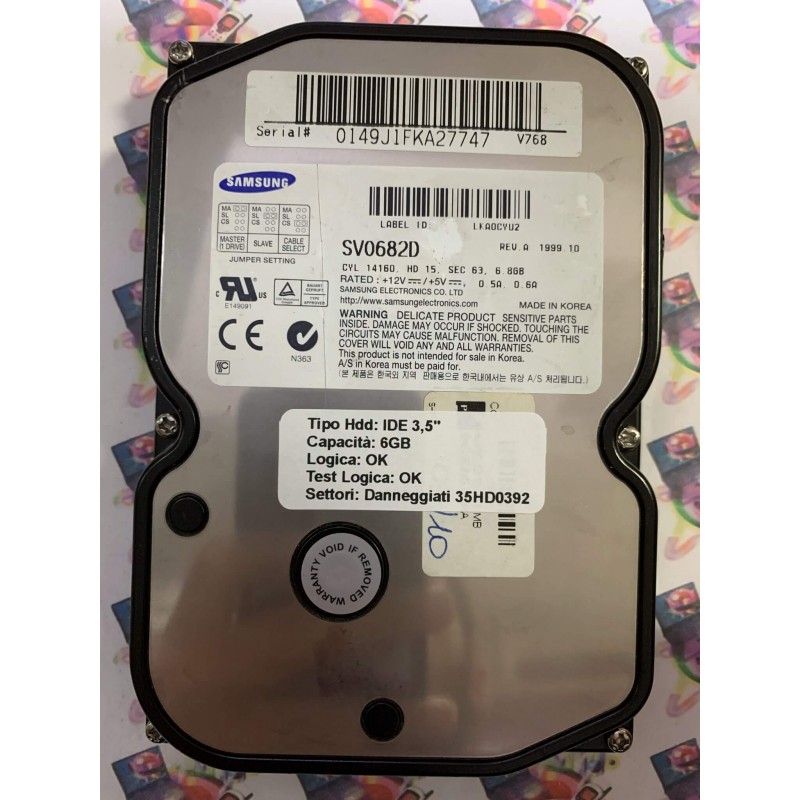 Hard Disk Usato Semifunzionante IDE 3,5" 6GB SAMSUNG SV0682D LKA0CYU2 1999.10