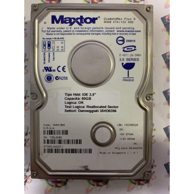 Hard Disk Usato Semifunzionante IDE 3,5" 80GB MAXTOR 6Y080L0 6Y080L0422011 YAR41BW0 28JAN2004