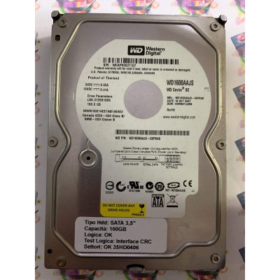 Hard Disk Usato Semifunzionante SATA 3,5" 160GB WESTERN DIGITAL WD1600AAJS-00PSA0 HHRNHTJABN 18 OCT 2007