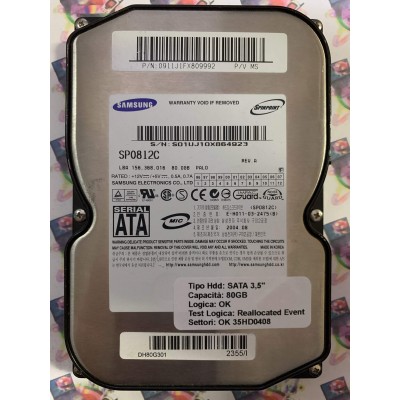 Hard Disk Usato Semifunzionante SATA 3,5" 80GB SAMSUNG SP0812C 0911J1FX809992 2004.08