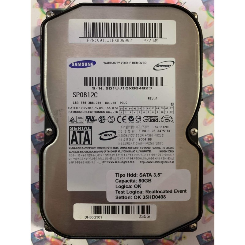 Hard Disk Usato Semifunzionante SATA 3,5" 80GB SAMSUNG SP0812C 0911J1FX809992 2004.08