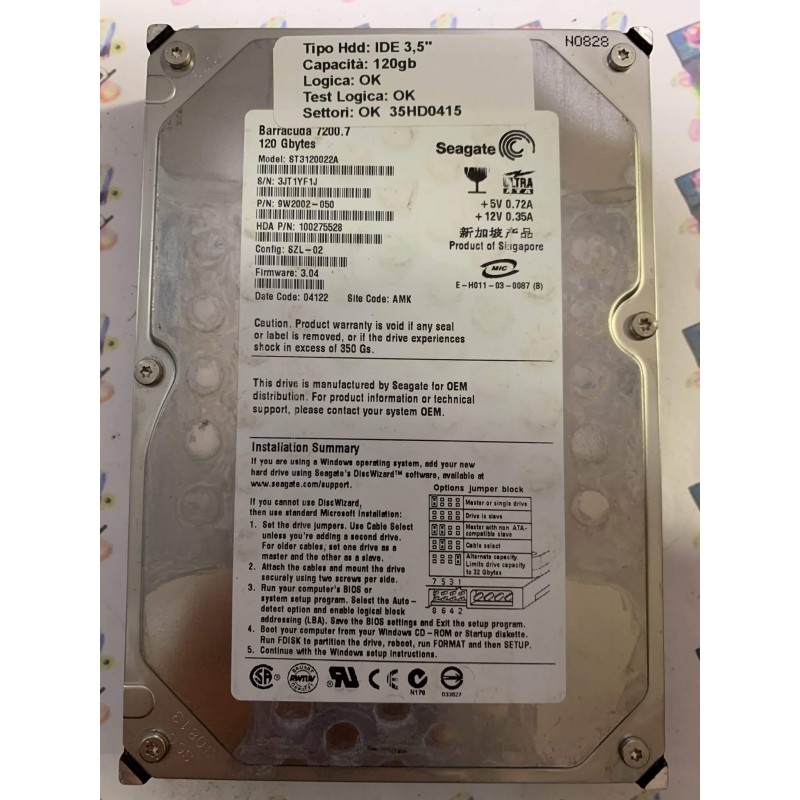 Hard Disk Usato Funzionante 100% Ok IDE 3,5" 120GB SEAGATE ST3120022A 9W2002-050 3.04 04122 AMK