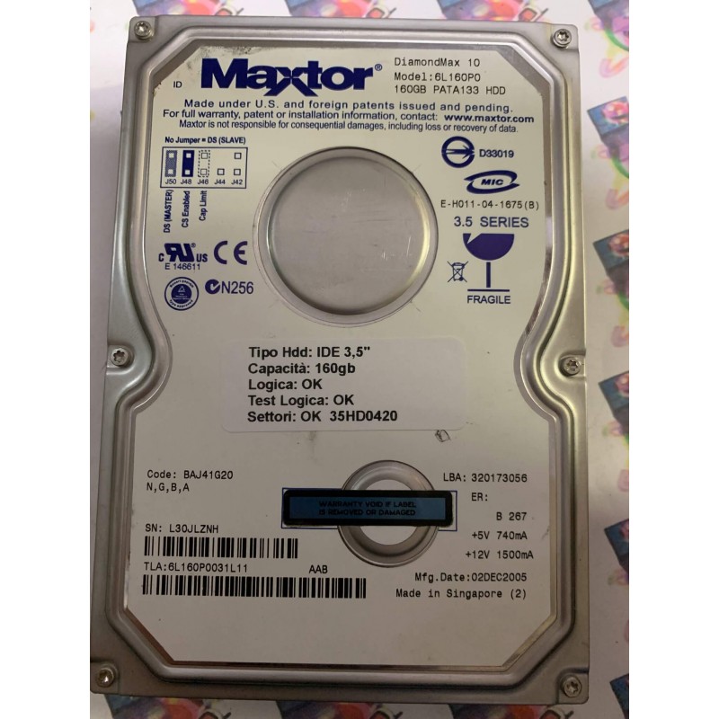 Hard Disk Usato Funzionante 100% Ok IDE 3,5" 160GB MAXTOR 6L160P0 6L160P0031L11 BAJ41G20 02 DEC 2005