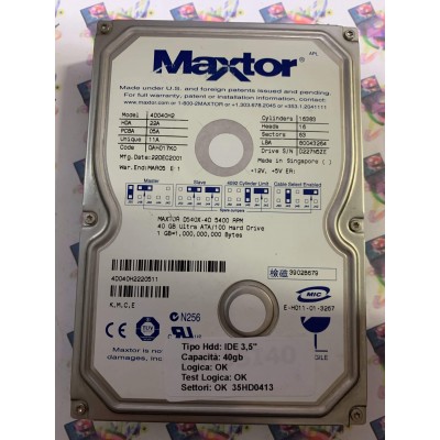 Hard Disk Usato Funzionante 100% Ok IDE 3,5" 40GB MAXTOR 4D040H2 4D040H2220511 DAH017K0 22 DEC 2001