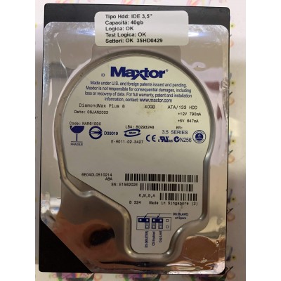 Hard Disk Usato Funzionante 100% Ok IDE 3,5" 40GB MAXTOR 6E040L0 6E040L0510214 NAR61590 06 JAN 2003