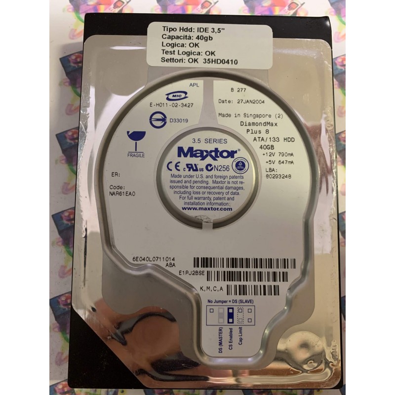 Hard Disk Usato Funzionante 100% Ok IDE 3,5" 40GB MAXTOR 6E040L0 6E040L0711014 NAR61EA0 27 JAN 2004