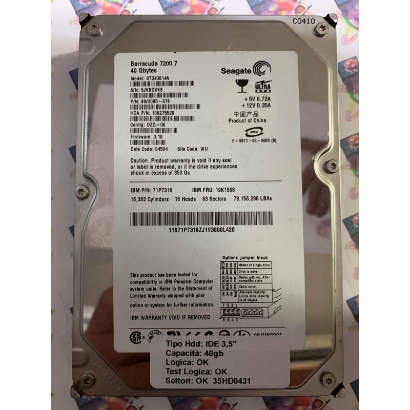 Hard Disk Usato Funzionante 100% Ok IDE 3,5" 40GB SEAGATE ST340014A 9W2005-076 3.10 04504 WU