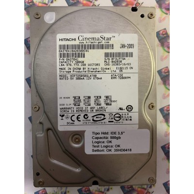 Hard Disk Usato Funzionante 100% Ok IDE 3,5" 500GB HITACHI HCP725050GLAT80 0A37041 BA2830 JAN-2009