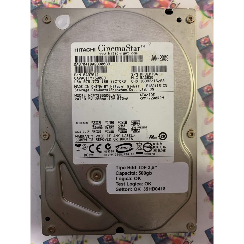 Hard Disk Usato Funzionante 100% Ok IDE 3,5" 500GB HITACHI HCP725050GLAT80 0A37041 BA2830 JAN-2009