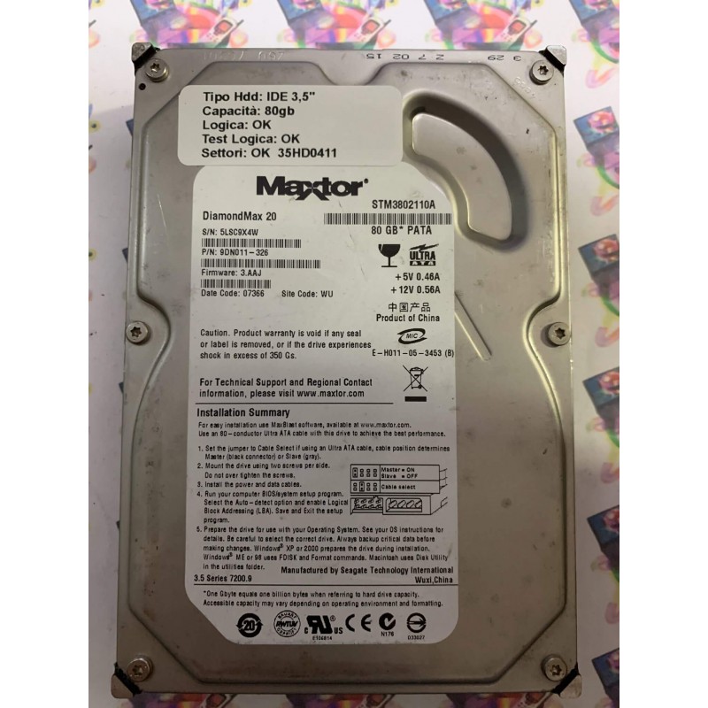 Hard Disk Usato Funzionante 100% Ok IDE 3,5" 80GB MAXTOR STM3802110A 9DN011-326 3.AAJ 07366 WU