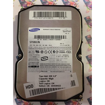 Hard Disk Usato Funzionante 100% Ok IDE 3,5" 80GB SAMSUNG SP0802N 0637J2FX138973 2004.01