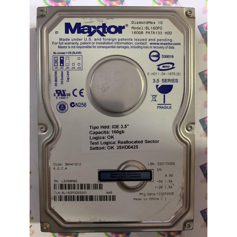 Hard Disk Usato Semifunzionante IDE 3,5" 160GB MAXTOR 6L160P0 6L160P0033201 BAH41G10 13 SEP 2005