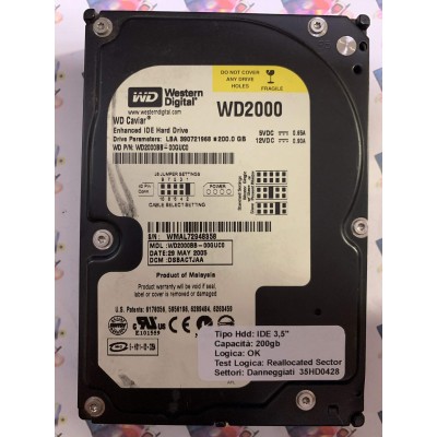 Hard Disk Usato Semifunzionante IDE 3,5" 200GB WESTERN DIGITAL WD2000BB-00GUCO DSBACTJAA 29 MAY 2005