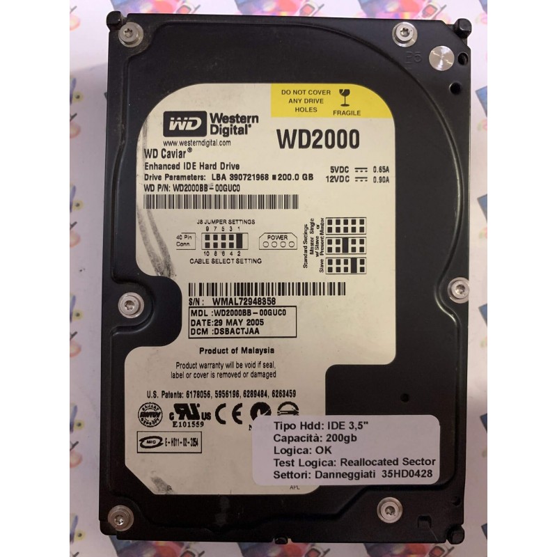 Hard Disk Usato Semifunzionante IDE 3,5" 200GB WESTERN DIGITAL WD2000BB-00GUCO DSBACTJAA 29 MAY 2005
