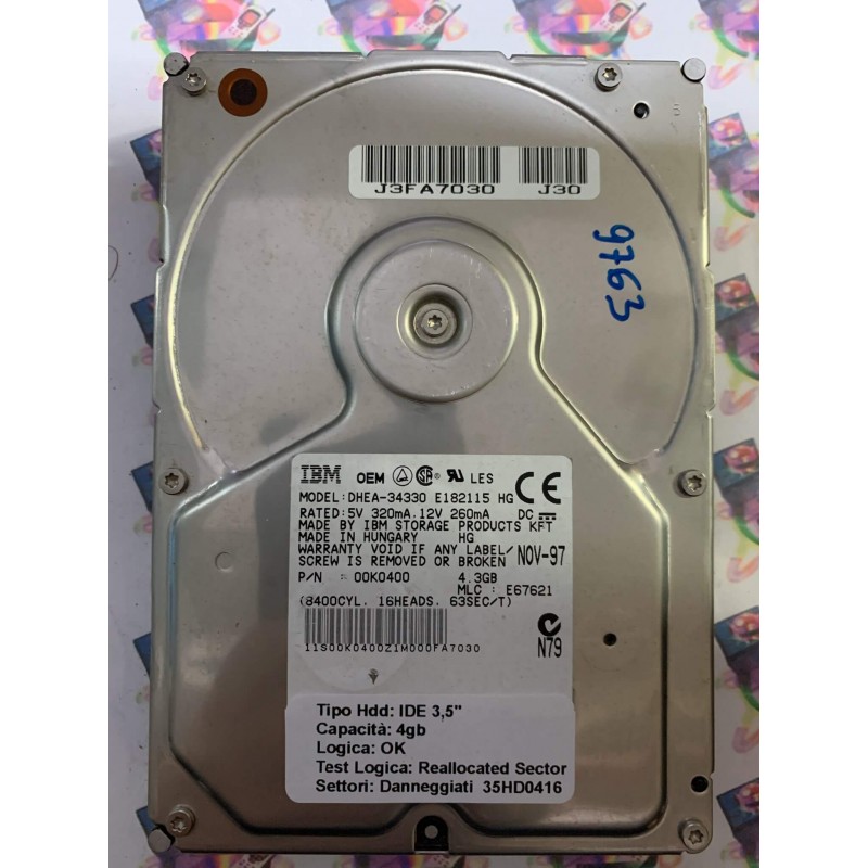 Hard Disk Usato Semifunzionante IDE 3,5" 4,3GB IBM DHEA-34330 00K0400 E67621 NOV-97