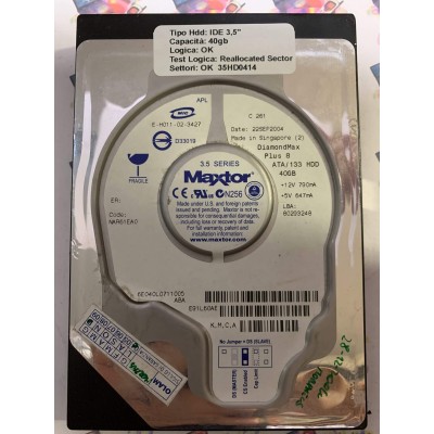 Hard Disk Usato Semifunzionante IDE 3,5" 40GB MAXTOR 6E040L0 6E040L0711005 NAR61EA0 22 SEP 2004